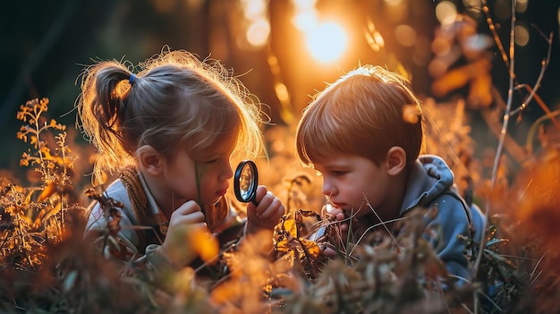 Foto zwei kleine kinder mit rucksäcken studieren pflanzen unter einer lupe. generative ki