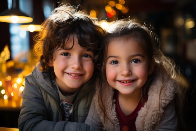 Zwei kleine Kinder posieren vor der Weihnachtsbeleuchtung für die Kamera