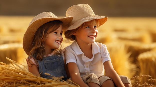 zwei kleine Kinder sitzen auf Heu und plaudern in einem sonnigen Weizenfeld