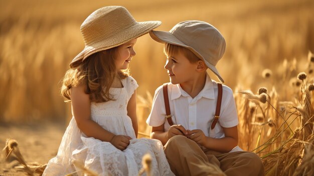 zwei kleine Kinder sitzen auf Heu und plaudern in einem sonnigen Weizenfeld