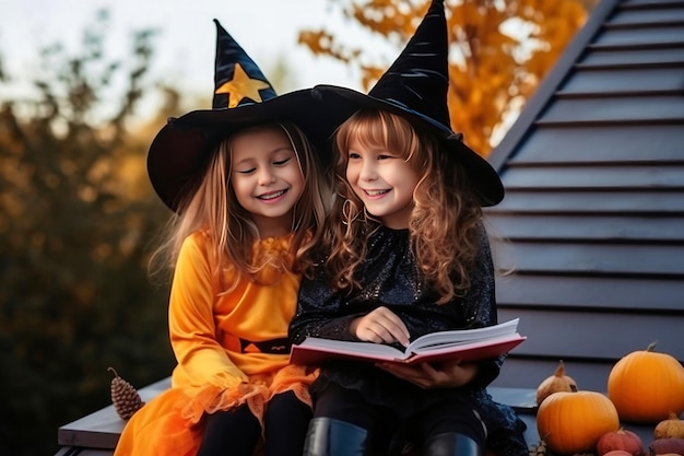 Zwei kleine Mädchen, die als Hexen verkleidet sind und ein Buch lesen. Fröhliches Lächeln der Kinder am Vorabend des Feiertags. Festliches Kostüm. Jack Lantern