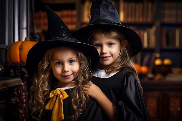 Zwei kleine Mädchen, die zu Halloween als Hexen verkleidet sind. Fröhliches Lächeln der Kinder am Vorabend des Feiertags. Festliches Kostüm. Jack Lantern