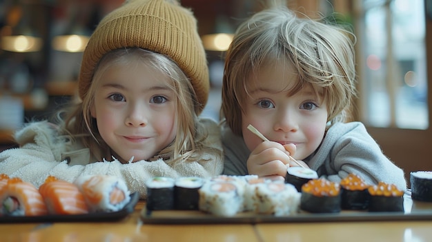 Zwei kleine Mädchen essen Sushi