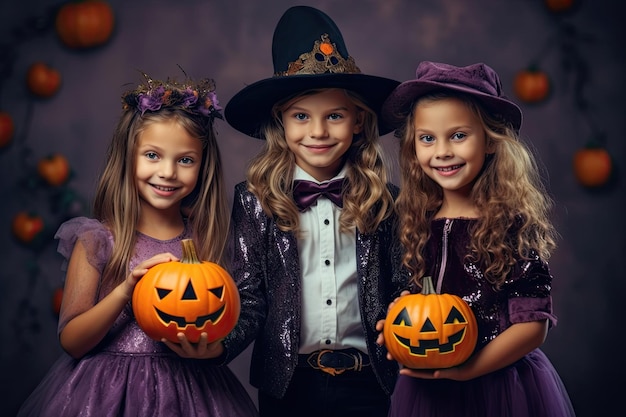 Zwei kleine Mädchen in Halloween-Kostümen halten Kürbisse in der Hand und schauen mit glücklichem Gesichtsausdruck in die Kamera stockfoto