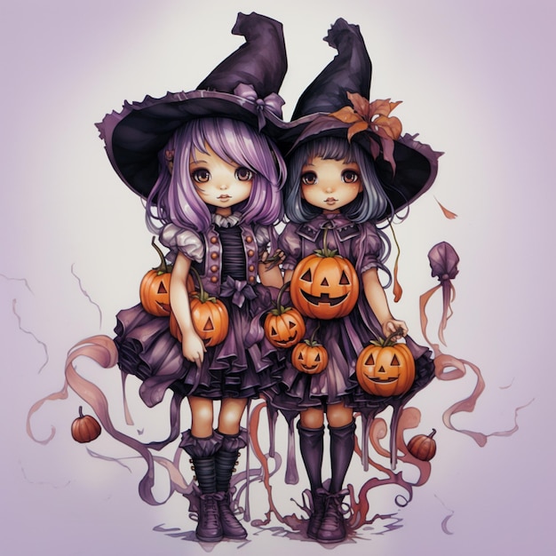 Zwei kleine Mädchen in Halloween-Kostümen mit Kürbissen und generativer KI