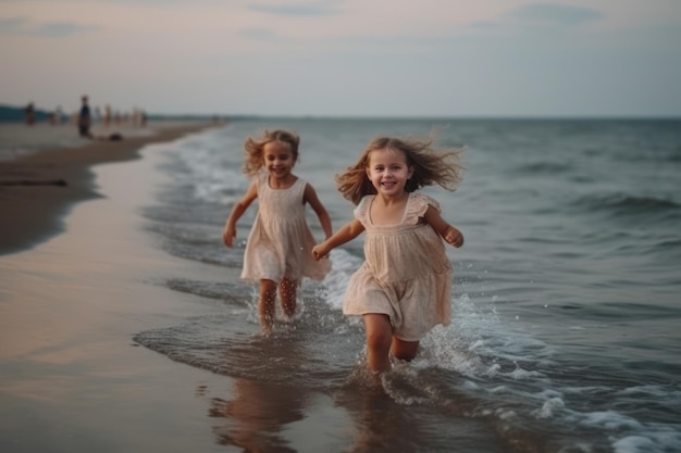 Zwei kleine Mädchen laufen abends am Strand Sommerferien Generative KI