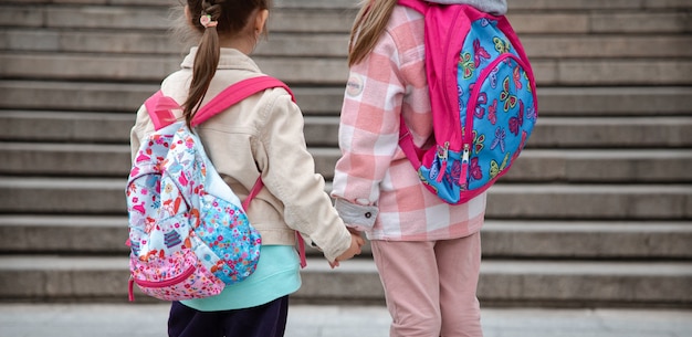 Zwei kleine Mädchen mit schönen Rucksäcken auf dem Rücken gehen Hand in Hand hautnah zur Schule.