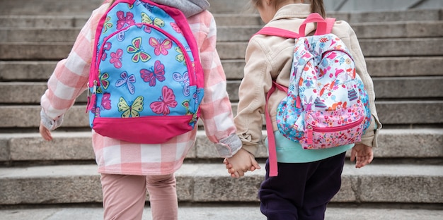 Zwei kleine Mädchen mit schönen Rucksäcken auf dem Rücken gehen Hand in Hand zur Schule. Kindheitsfreundschaftskonzept.