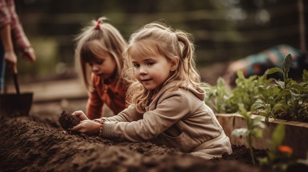 Zwei kleine Mädchen pflanzen Gemüse in einem Garten