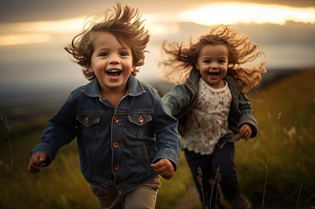 Zwei kleine Mädchen rennen durch ein Feld mit ihren Haaren, die im Wind wehen