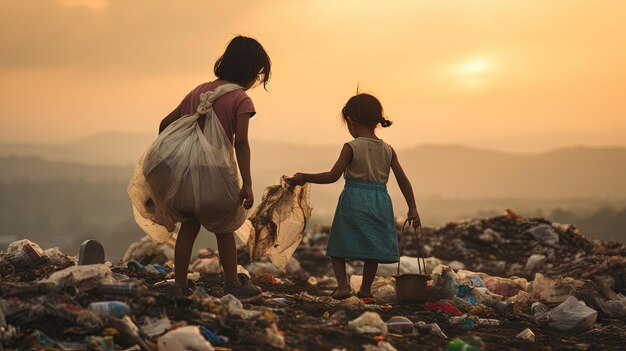 Zwei kleine Mädchen sind auf einer großen Müllhalde und helfen beim Sammeln von Müll Bedrohung für die Umwelt