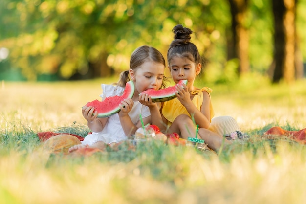 Zwei kleine Mädchen spielen beim Picknick sitzen und essen ein Stück Wassermelonenfrucht im Garten im Freien