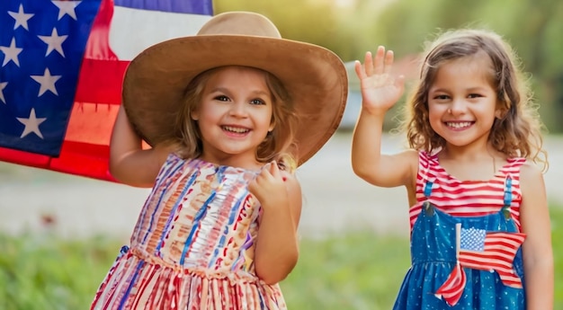 zwei kleine Mädchen tragen Cowboyhüte und eine trägt einen Cowboyhut