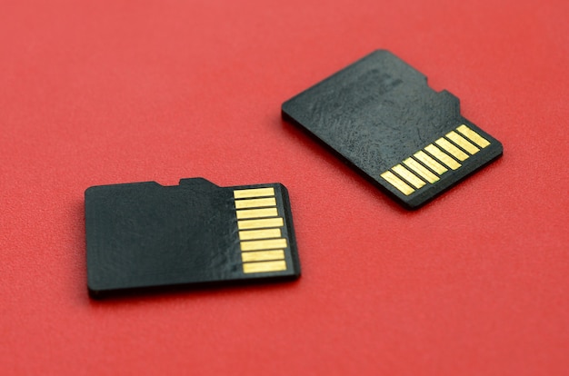 Zwei kleine Micro-SD-Speicherkarten liegen auf rotem Grund. Ein kleiner und kompakter Daten- und Informationsspeicher