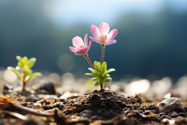 Foto zwei kleine rosa blüten wachsen aus dem boden