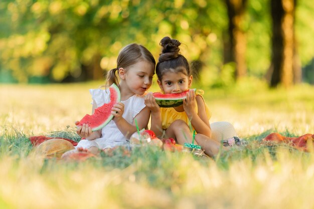 Zwei kleine süße Babys, die Wassermelone in der Natur essen, spielen und Spaß beim Babynahrungskonzept haben