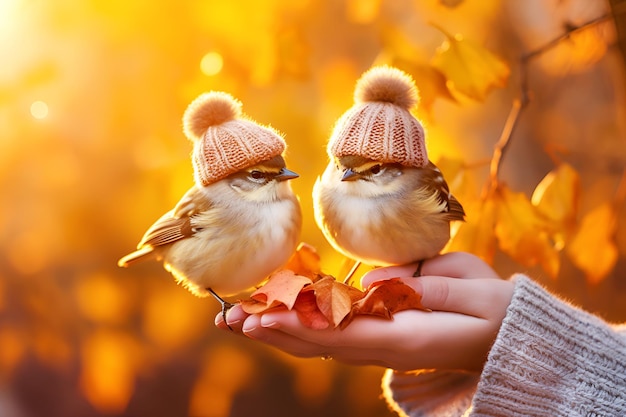 Zwei kleine Vogelspatzen in Strickmützen auf weiblichen Händen auf verschwommenem Herbsthintergrund