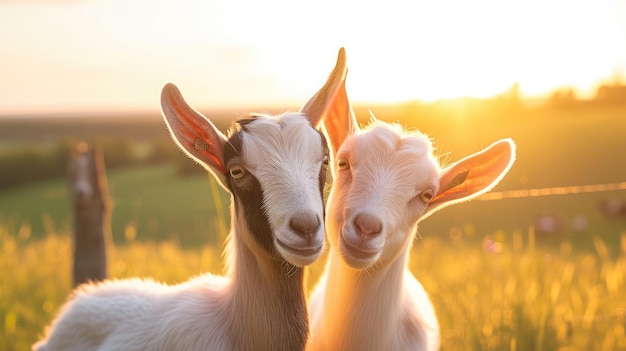 Zwei kleine Ziegen schauen in die Kamera auf einem Bauernhof bei Sonnenuntergang