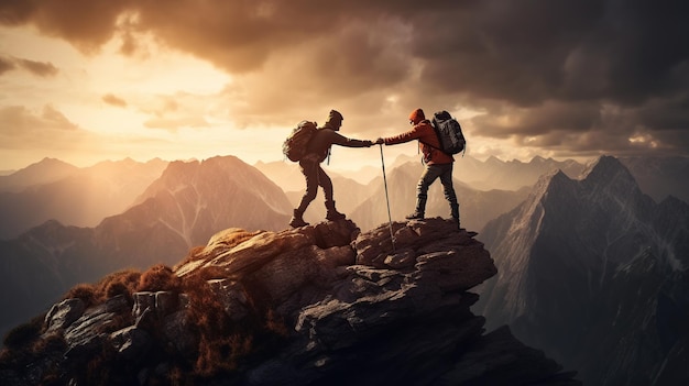 Foto zwei kletterer schließen sich die hände, um einen felsen zu besteigen, der bei sonnenuntergang den gipfel eines berges erreicht