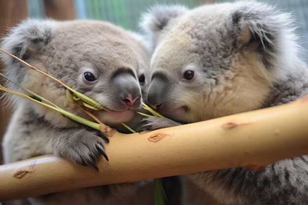 Zwei Koalas teilen sich einen Eukalyptuszweig