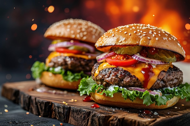 Zwei köstliche hausgemachte Burger mit Rindfleischkäse und Gemüse auf einem alten Holztisch