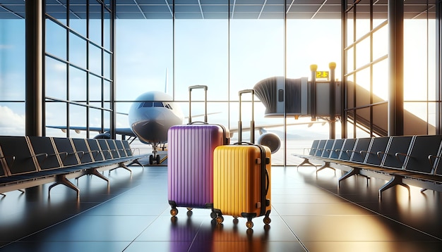 Zwei Koffer, einer lila, einer gelb, stehen an einem Flughafen mit einem Flugzeug draußen