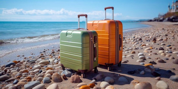 Zwei Koffer orange und grün am Strand Urlaub am Meer oder Ozean Generative KI