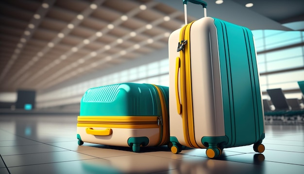 Zwei Koffer stehen auf einem Boden in einem Flughafen.