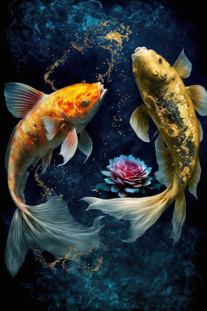 Zwei Koi-Fische schwimmen in einem Teich mit Wasser generativer ai