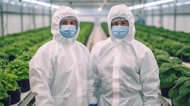 Zwei Kollegen stehen neben vertikalen Gerüsten mit grünem Blattgemüse, das in einem Treibhaus wächst, und tragen Sicherheitsmasken und Schutzanzüge mit generativer KI