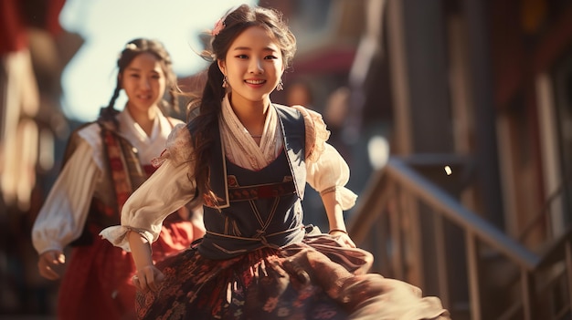 Zwei koreanische Mädchen in traditioneller Kleidung laufen entlang der Straße.