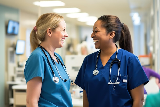 zwei Krankenschwestern lachen und reden in einem Krankenhaus