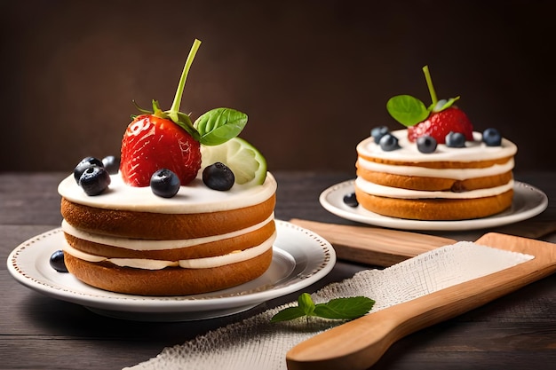 Zwei Kuchen mit Erdbeeren und Blaubeeren auf einem Holztisch