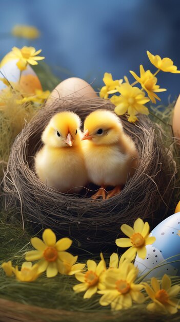 Foto zwei küken in einem nest mit blumen