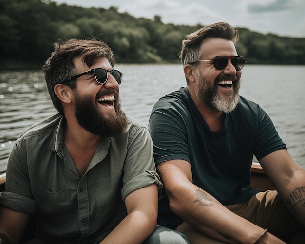 Zwei lachende Männer in einem Boot, die auf dem See sitzen, haben ein Kunstwerk geschaffen