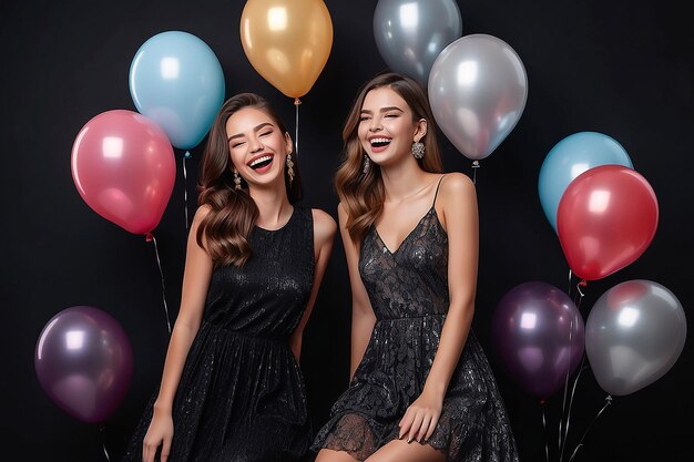 Zwei lachende Modelle in trendigen Nachtkleidern auf dem schwarzen Wandhintergrund in den Studio-Ballons