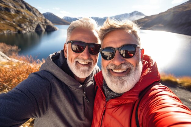 Zwei lächelnde bärtige Männer machen ein Selfie mit einem Bergsee im Hintergrund