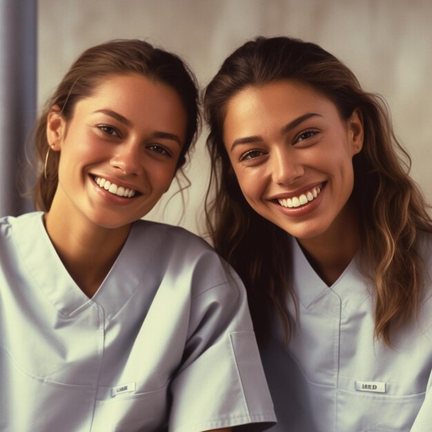 Zwei lächelnde Frauen in weißen Uniformen mit dem Namen drauf.