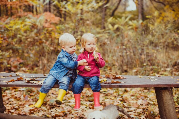 Zwei lächelnde glückliche Kinderfreunde, Junge und Mädchen, die auf der Bank im Park unter den Herbstbäumen sitzen und essen