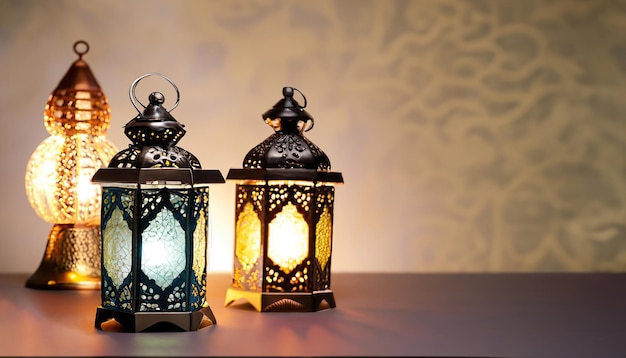 Zwei Laternen mit dem arabischen Text „Ramadan“ auf der linken Seite.