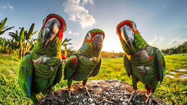 Zwei lebendige Papageien verschiedener Farbtöne stehen nebeneinander