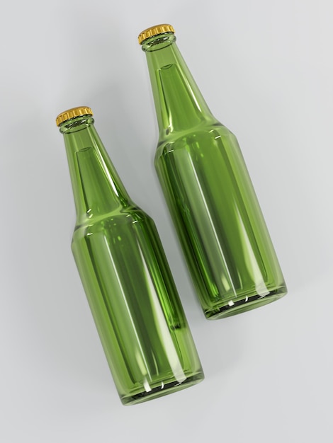 Foto zwei leere grüne glasbierflasche mockup vorlage 3d render