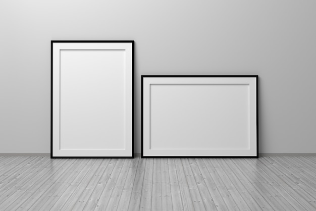 Zwei leere leere rahmen im a4-format vertikal und horizontal auf holzboden im weißen raum 3d-darstellung room