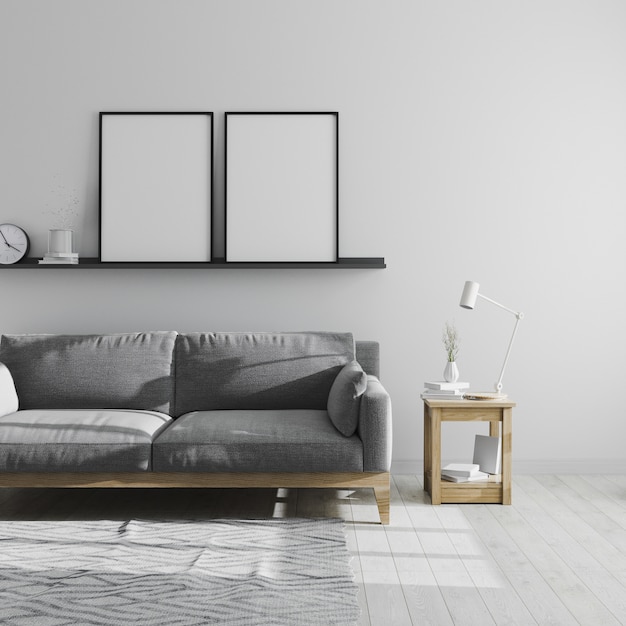 Zwei leere Plakatrahmen Modell auf Regal im grauen Wohnzimmer Interieur, skandinavischen Stil Wohnzimmer Interieur, minimalistischen Raum mit grauem Sofa, 3D-Rendering