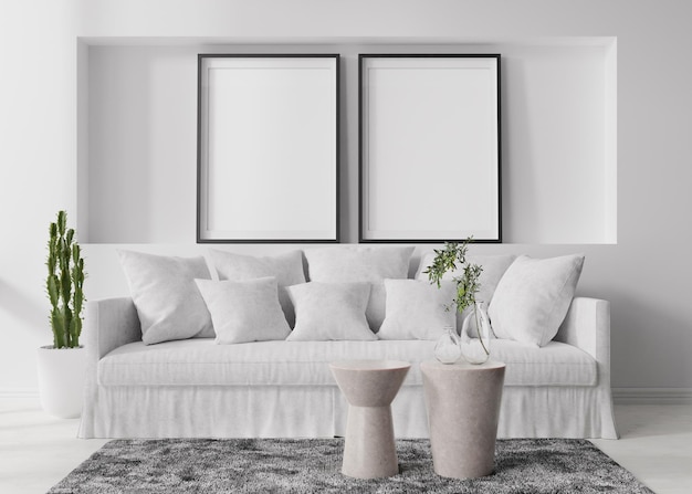 Zwei leere vertikale Bilderrahmen an der weißen Wand im modernen Wohnzimmer Mock-up-Interieur im zeitgenössischen skandinavischen Stil Freier Platz für Bildposter Sofatisch Teppich Pflanzen 3D-Rendering