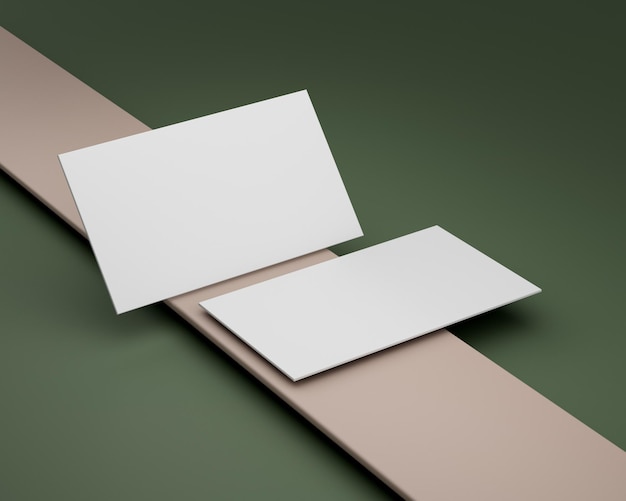 Zwei leere weiße Visitenkarten-Mockups werden auf eine beigefarbene rechteckige Oberfläche platziert 3D-Illustration