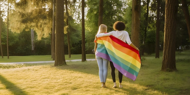 Zwei lesbische Mädchen in Regenbogenfahne gehüllt Konzept des LGBT-Stolzes KI generiert