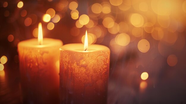 Zwei leuchtende Kerzen mit einem warmen goldenen Licht vor einem runden Bokeh-Hintergrund, die ein Gefühl von Wärme und Intimität erzeugen