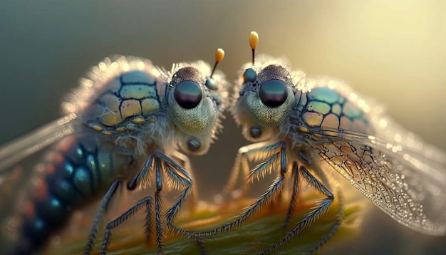Zwei Libellen sitzen auf einer Pflanze und werden von der Sonne beschienen