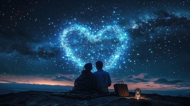 Zwei Liebende, romantische Nacht, ein Paar, das die Sterne am Himmel betrachtet, Pragma